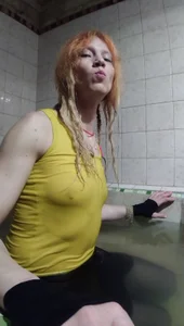 Alexa_Cosmic Wetlook 10. Refreshing myself in bathroom in black pantyhose, black skirt and yellow top tank Immagine  3